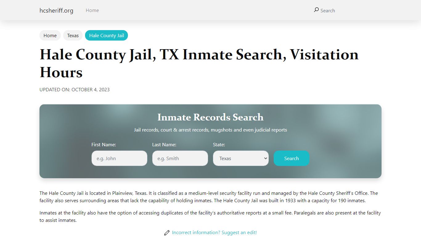 Hale County Jail, TX Inmate Search, Visitation Hours